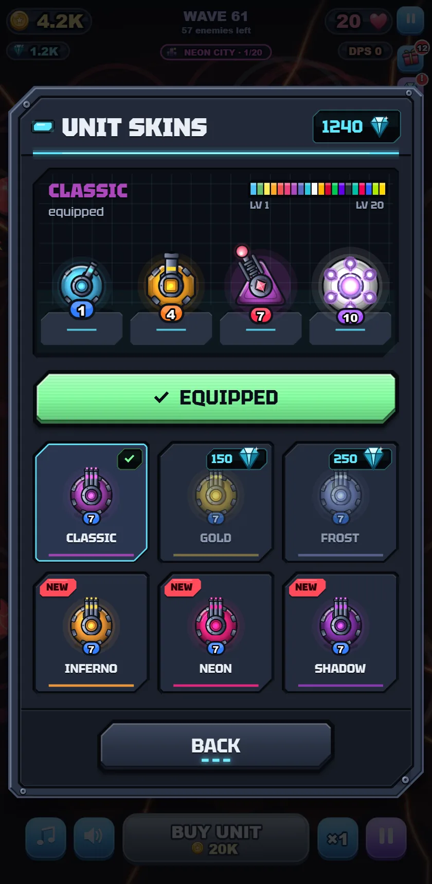 Unit skins hatch: Classic, Gold, Frost, Inferno, Neon and Shadow skins