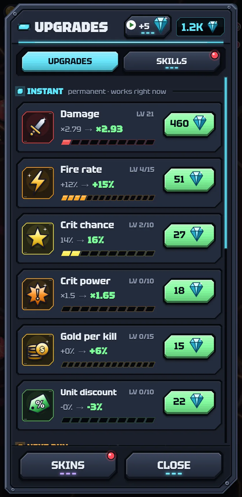 Upgrades hatch: damage, fire rate, crit and gold upgrades bought with crystals
